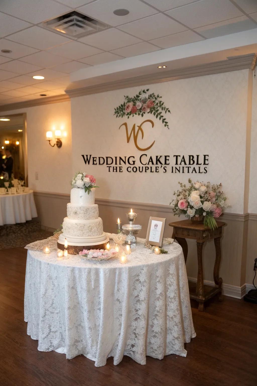 An individualized wedding cake setting presenting bespoke signage.