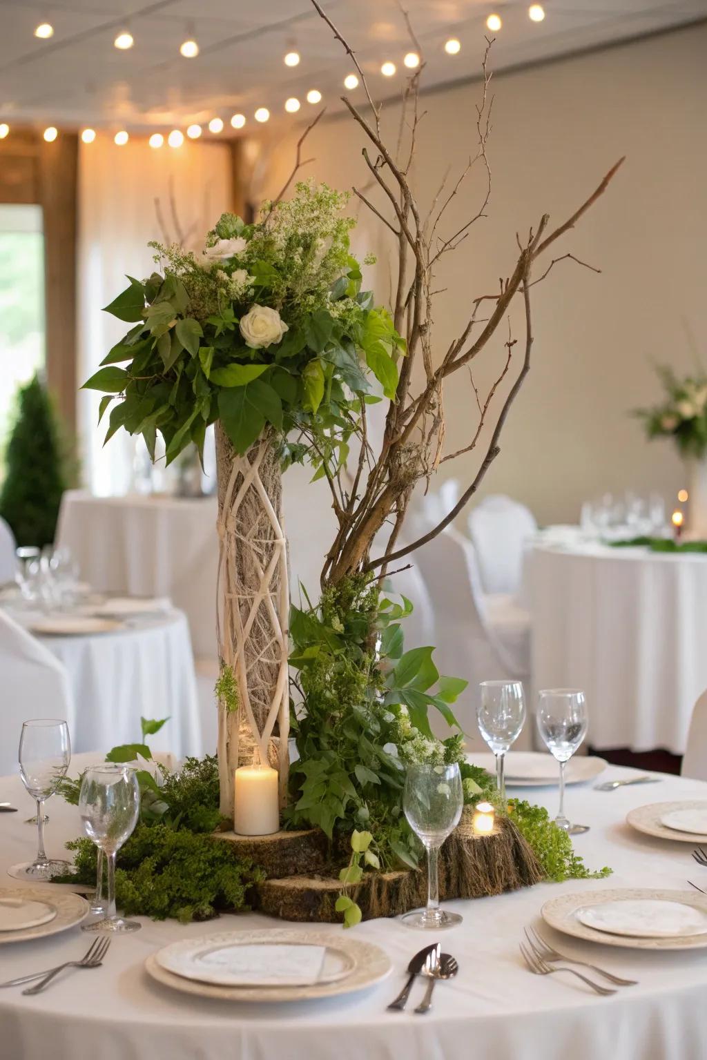 A nature-inspired centerpiece ideally tailored for outdoor or rustic wedding venues.