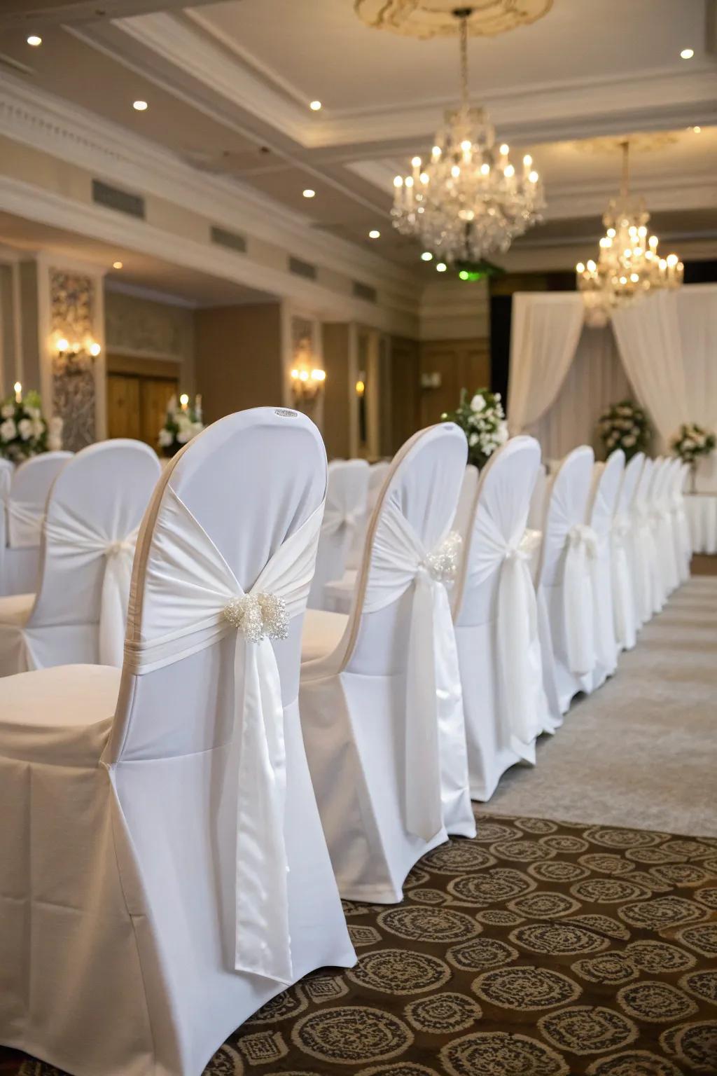 Unadorned white covers present ageless sophistication for formal nuptials.