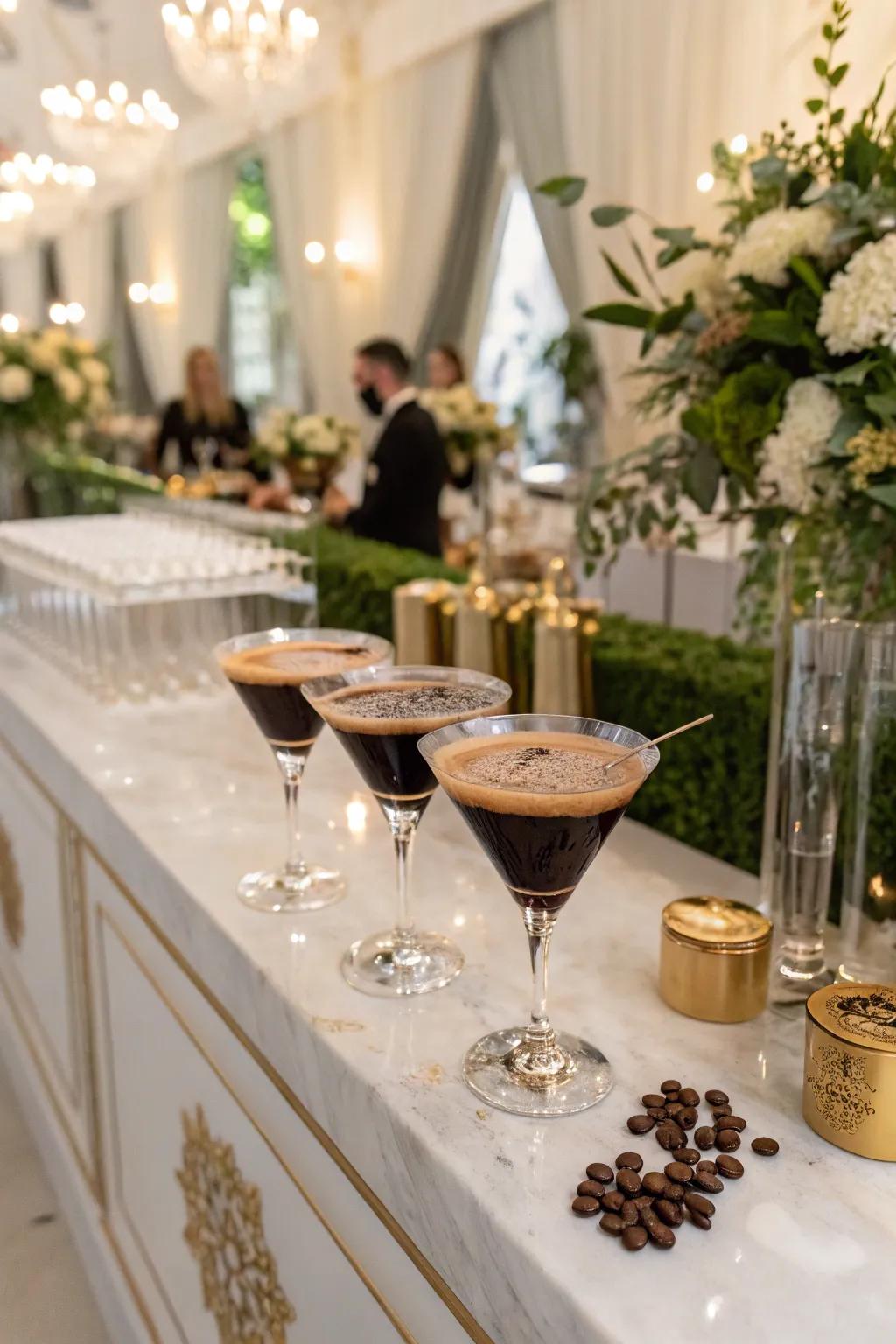 A java cocktail station at a wedding coffee bar.