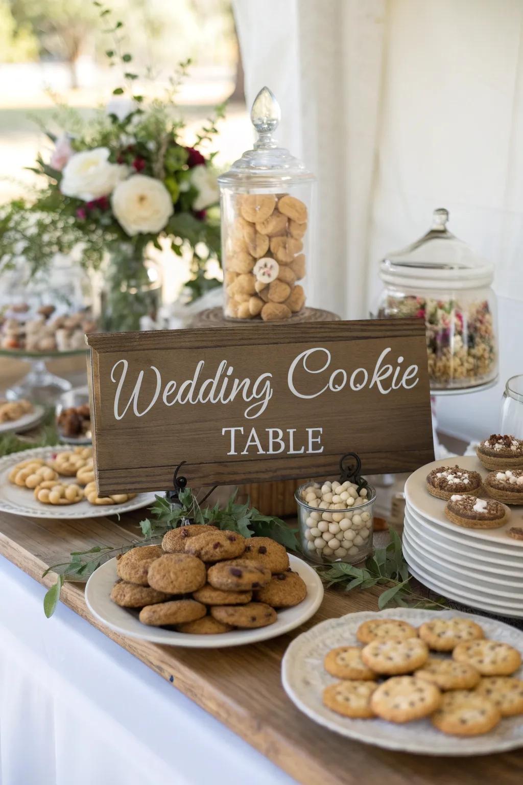 Ornamental notices append a welcoming feature to a wedding cookie arrangement.
