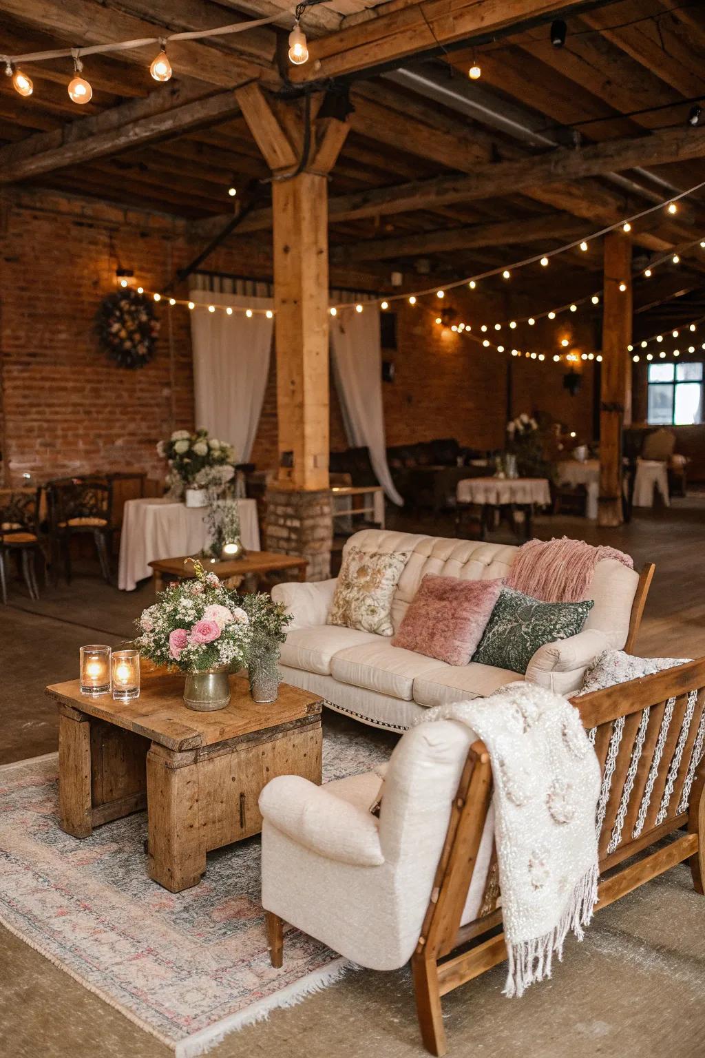 A rustic lounge area at a wedding, presenting antique furniture and plush textiles for guest comfort.