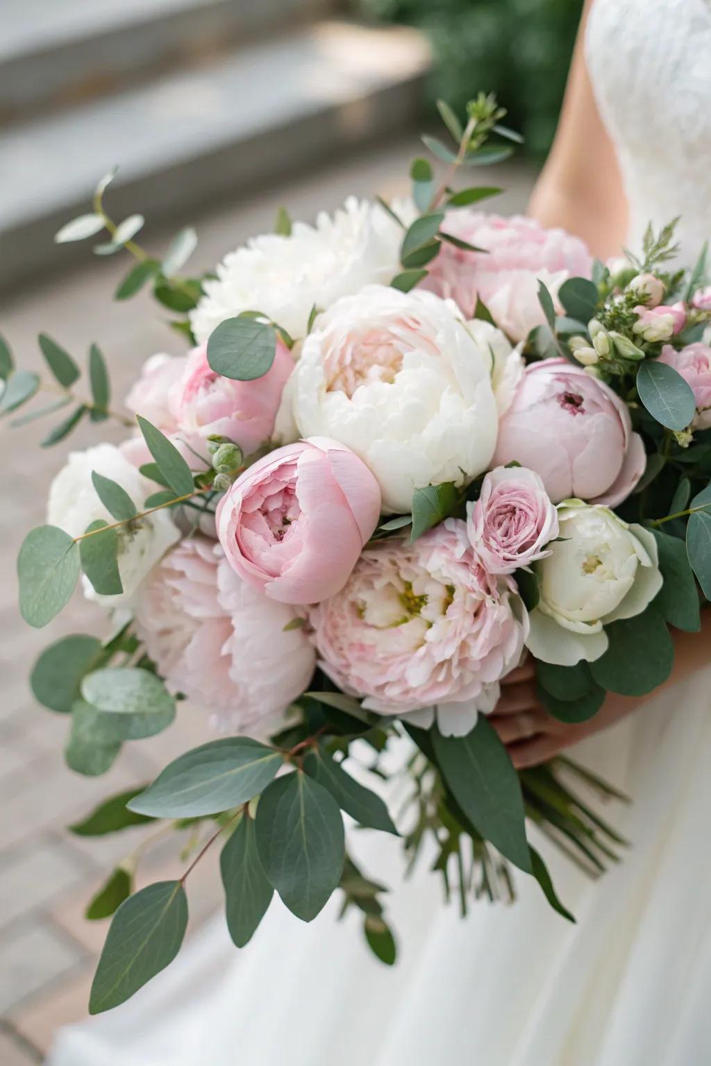 A traditional peony bouquet in soft pink and ivory tones.