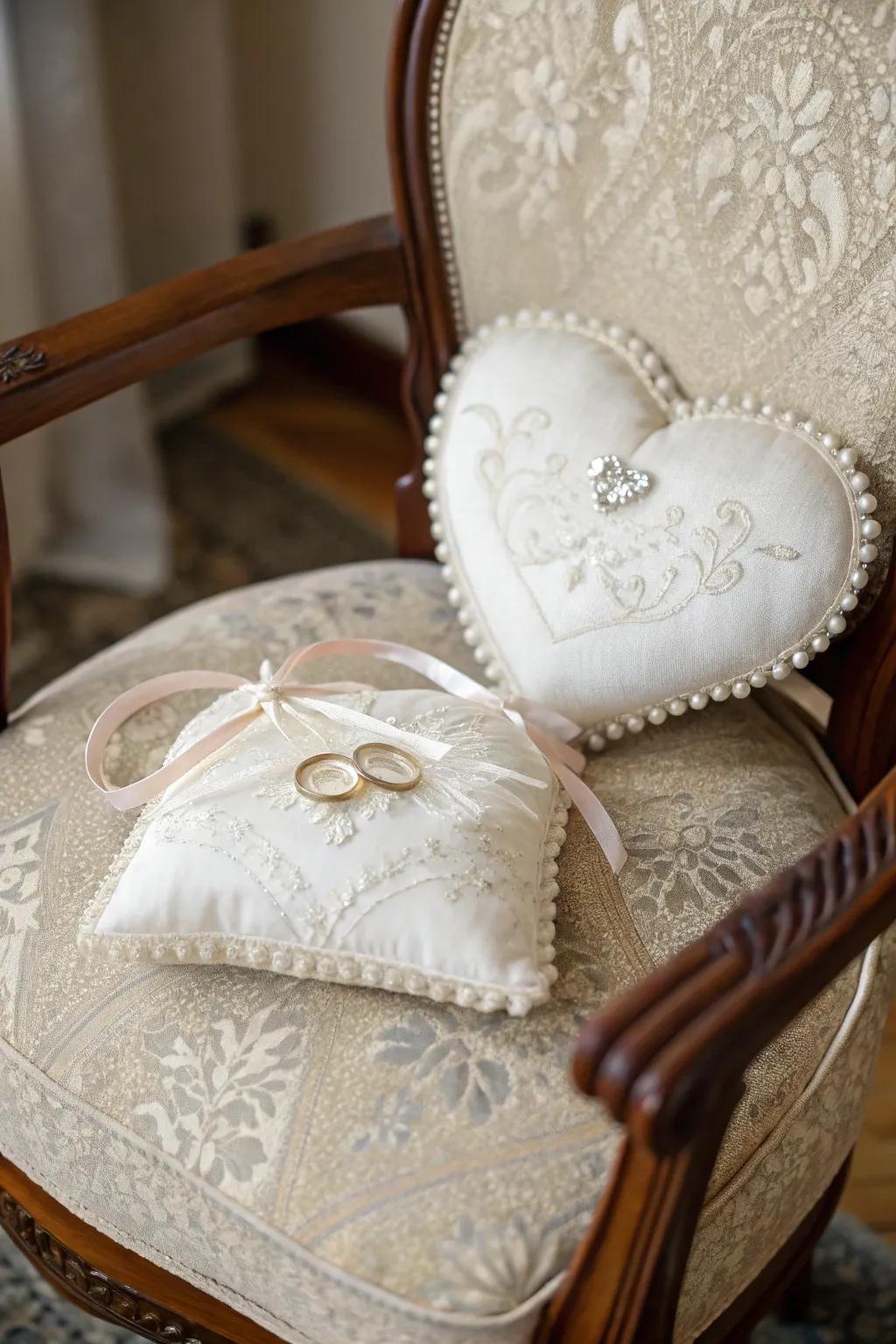 Unconventional wedding ring cushions in heart and circular figures.