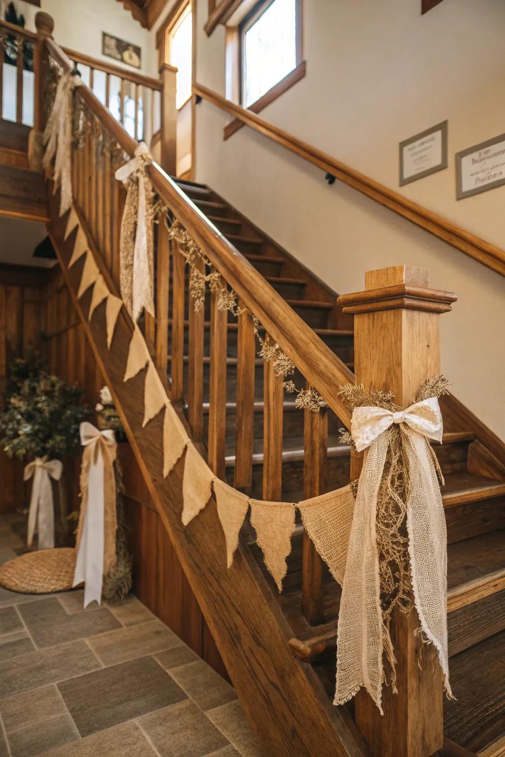 Homespun lumber features and rough-spun fabric impart a welcoming allure to this staircase.