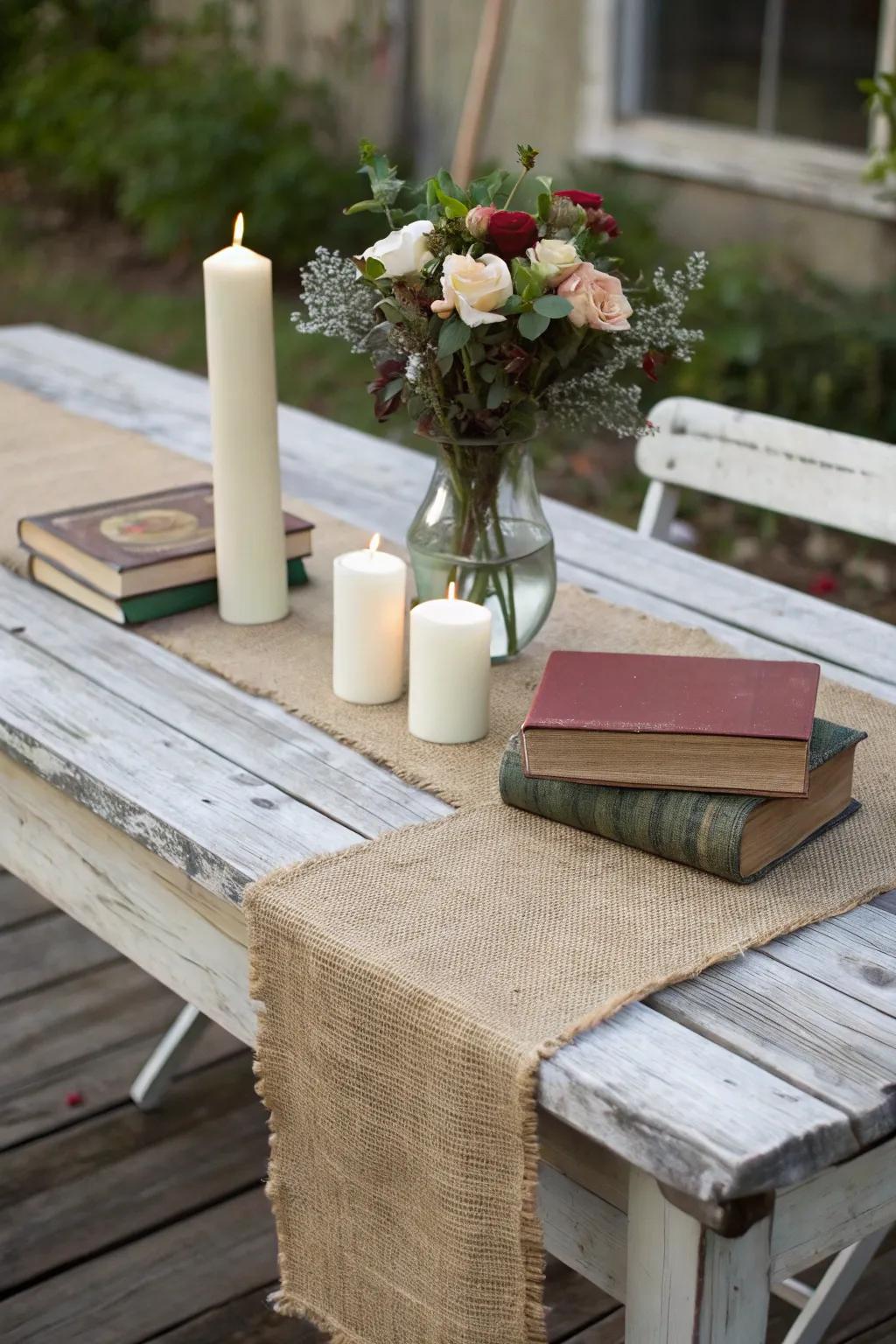 A burlap runner delivers a classic farmhouse ambiance to your table setting.