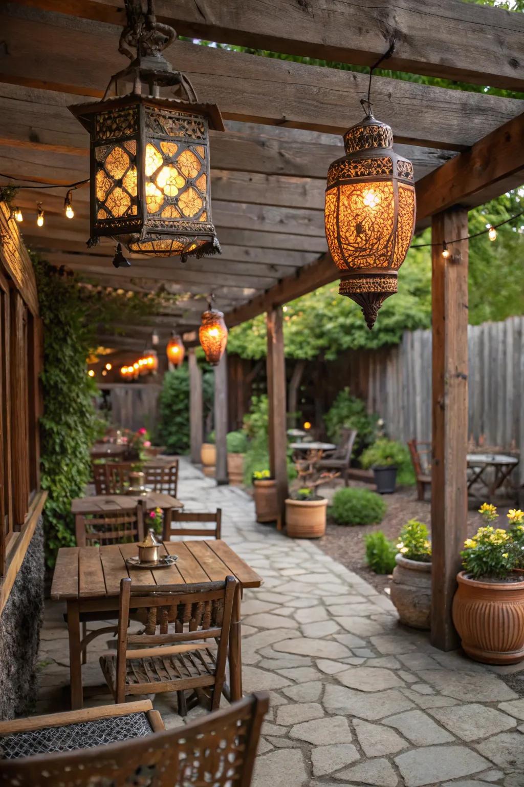 Lights introduce an element of countryside sophistication to the patio.