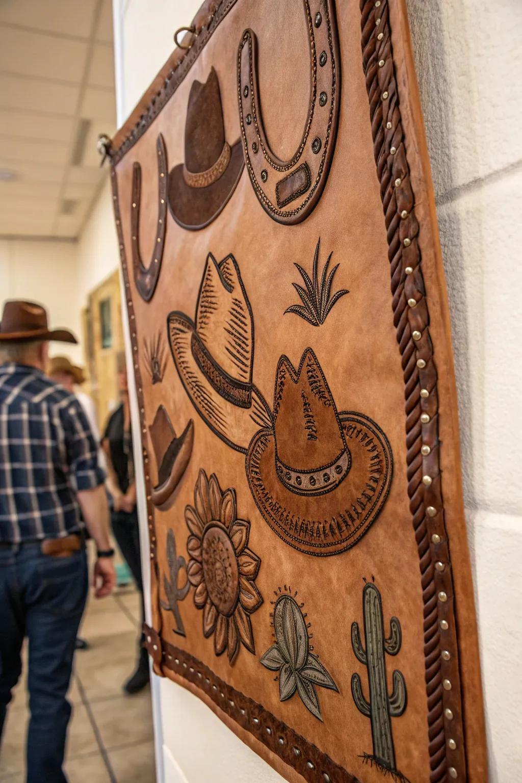 Handcrafted leather wall art with Western motifs.