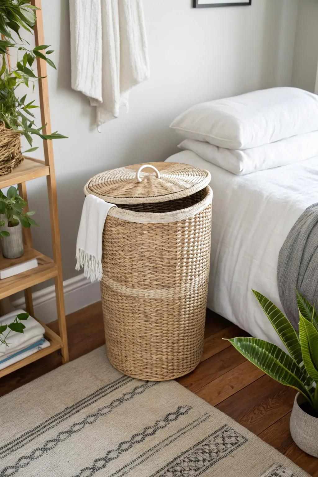A lidded basket camouflages a laundry sorter while preserving the neatness of your bedroom.