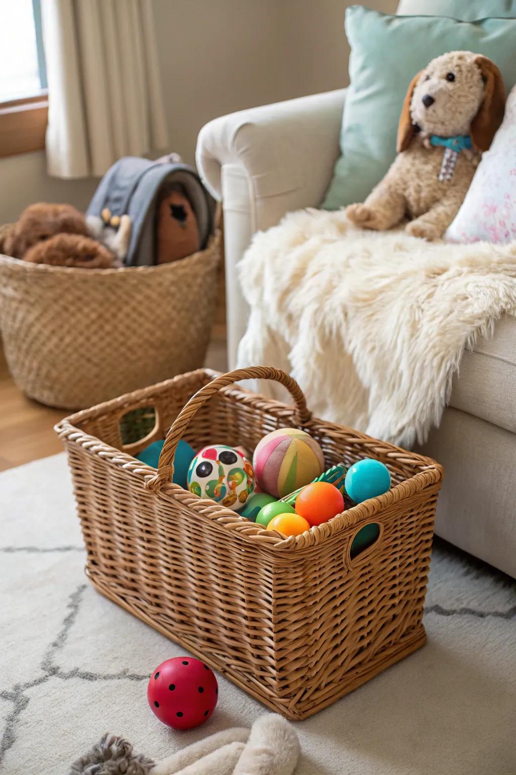 A basket housing creature playthings facilitates maintaining your furry companion's items in an organized fashion.