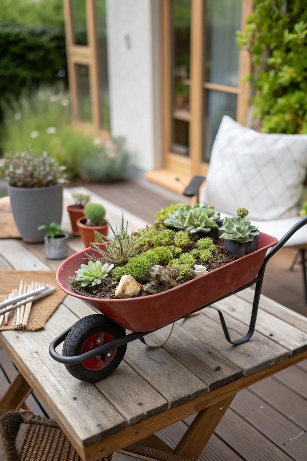 An adorable mini wheelbarrow planter ideal for compact spaces.