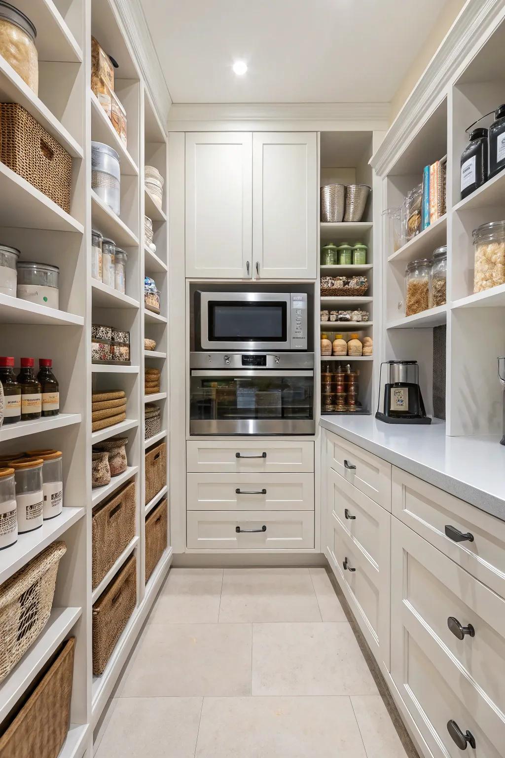 A walk-in pantry with a quick cooker keeps your kitchen open and organized.