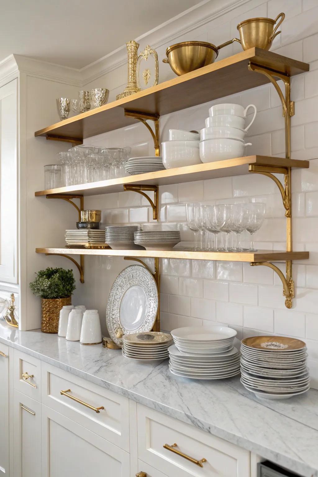 Exposed shelving with gilded supports offers style and functionality.
