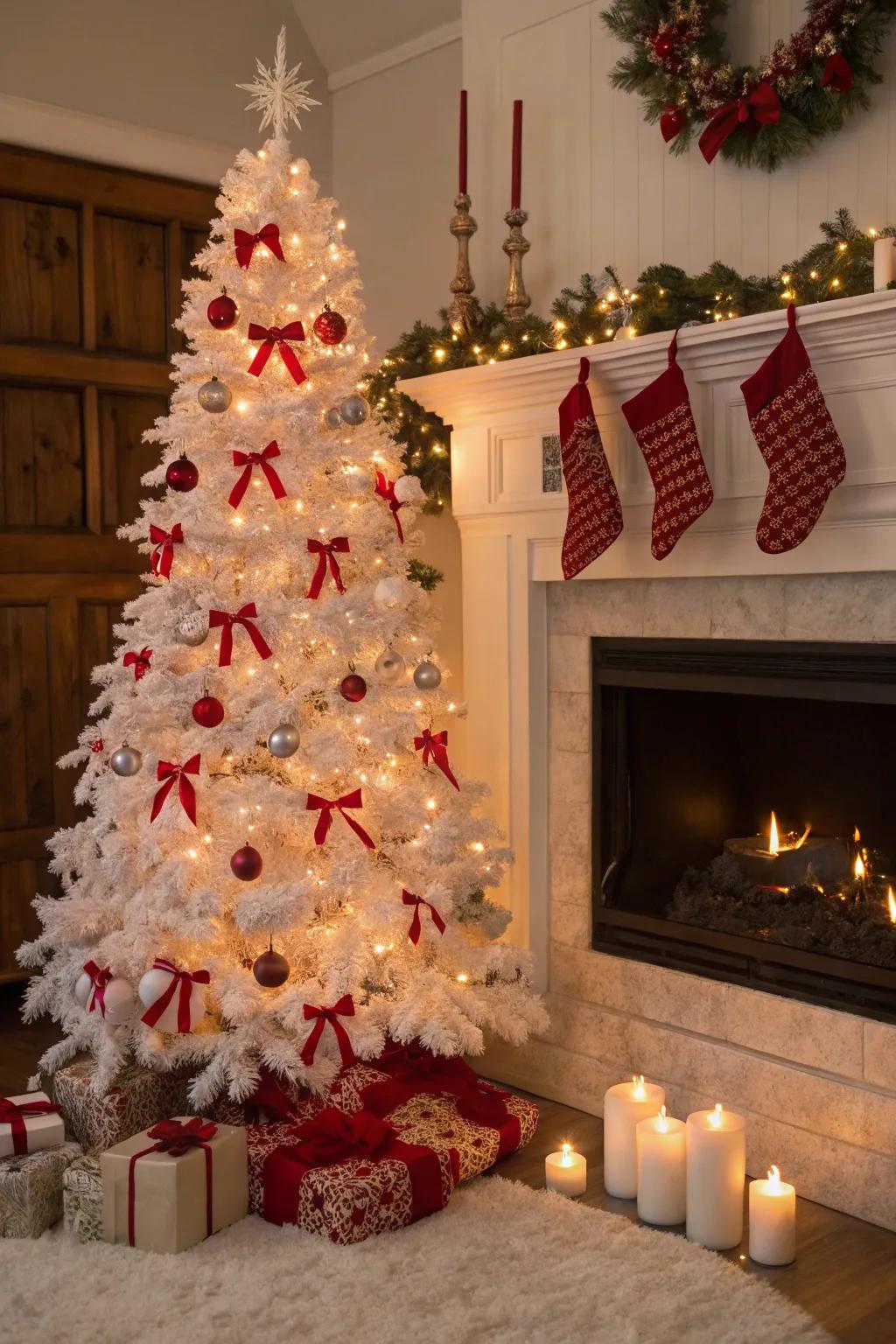 Timeless crimson accents adding celebratory joy to a snow-white holiday tree.