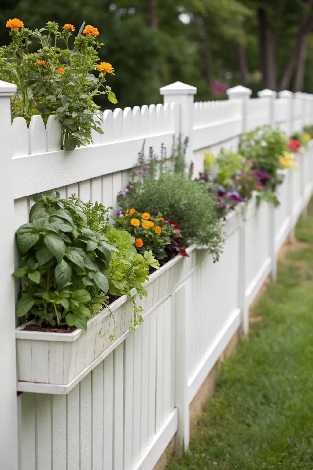 Flora containers adorning a white fence append a pragmatic and aesthetic dimension to the garden.