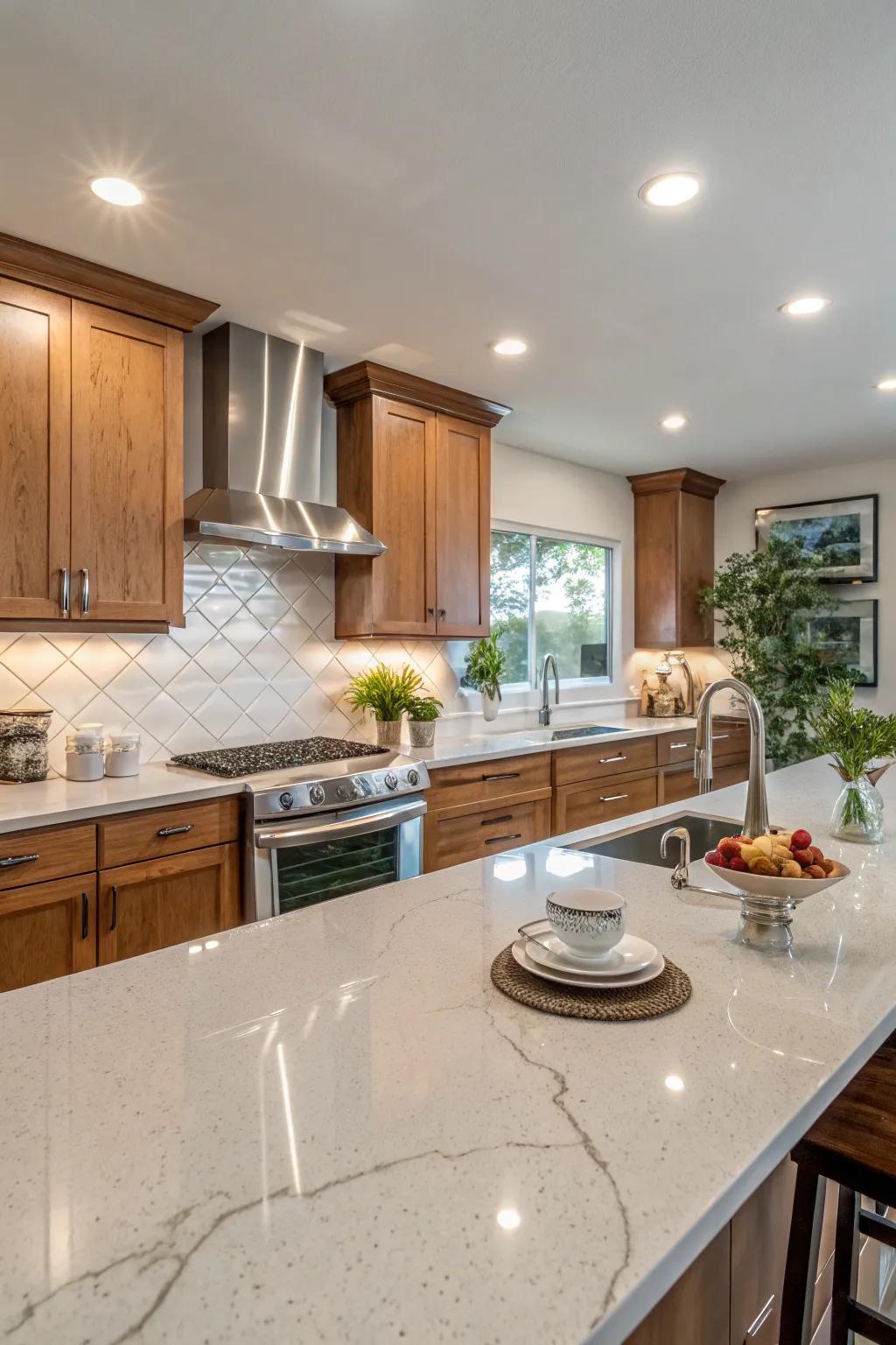 Stone backsplash serving as a captivating wall feature in the kitchen.