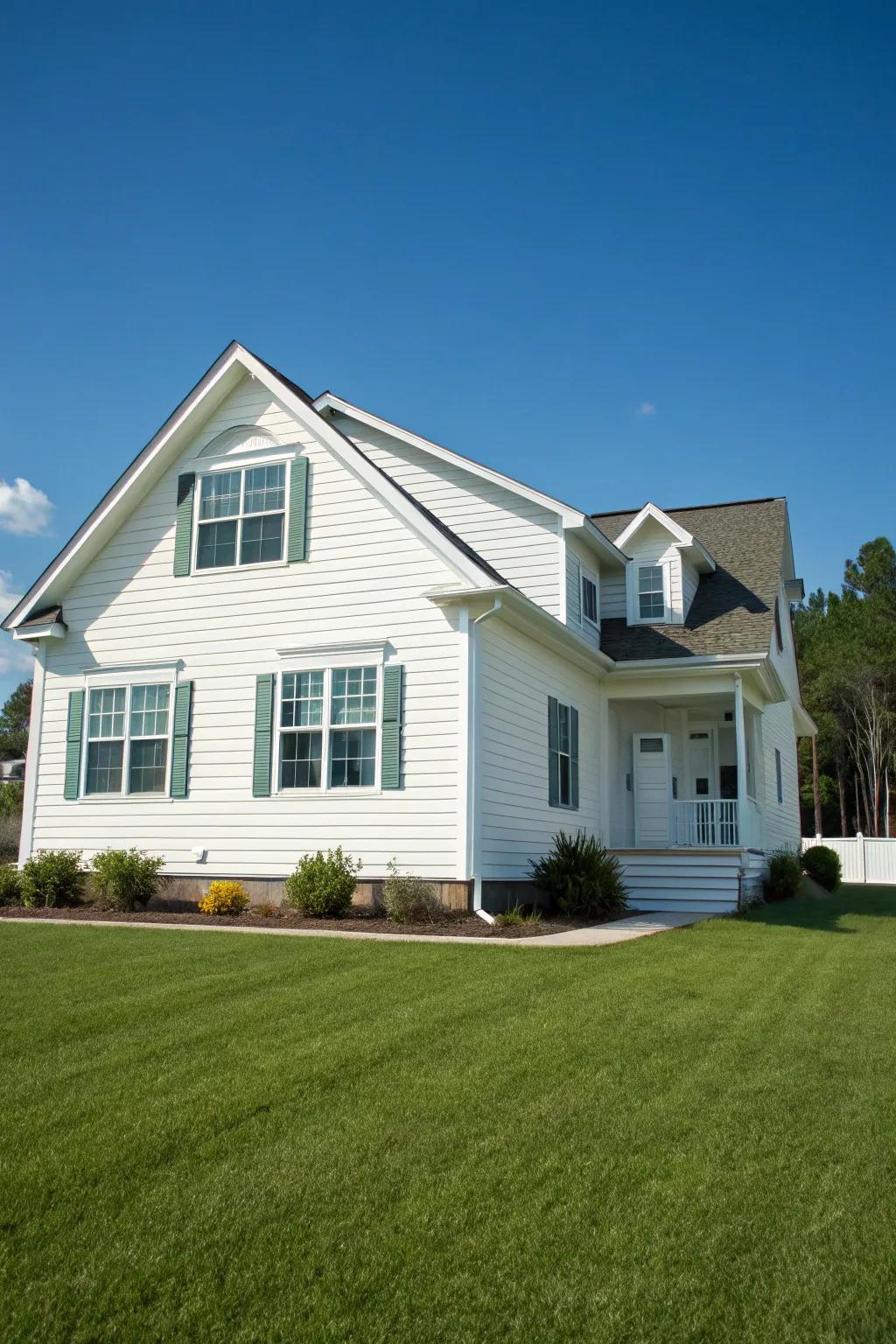 A balanced house featuring elegant white vinyl siding.