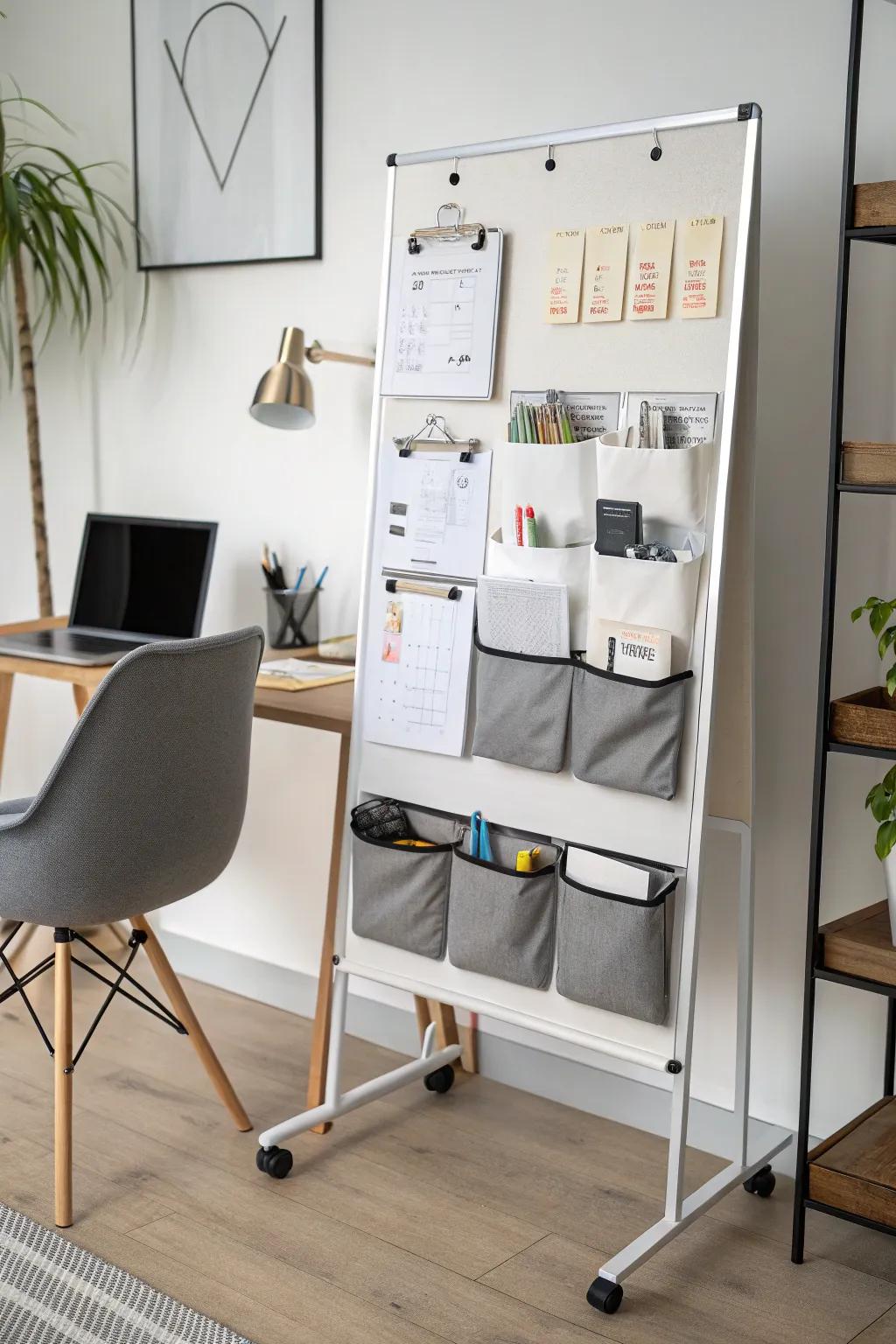 Pouches on a whiteboard deliver chic and functional stowing.