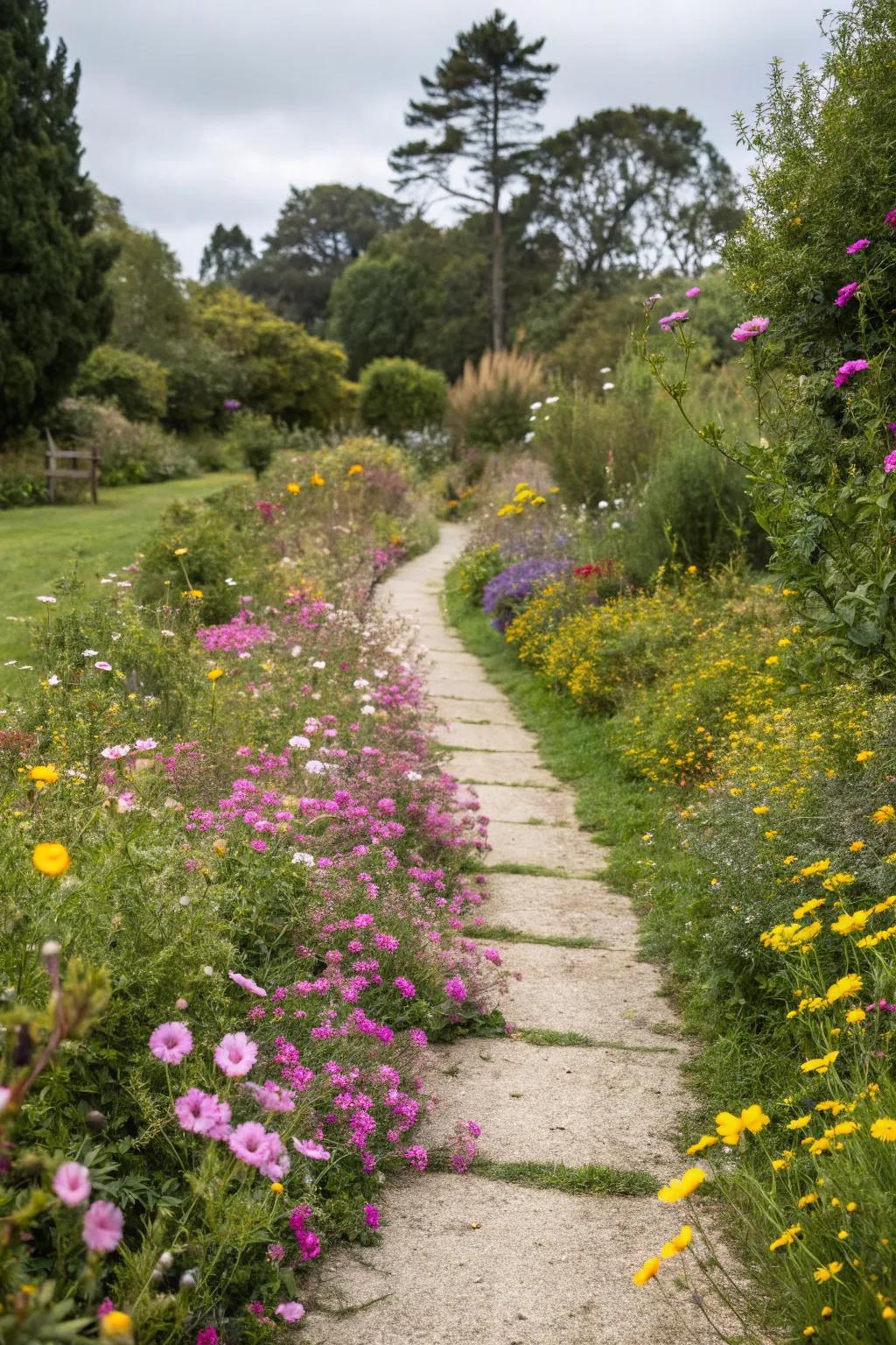A whimsical garden path decorated with wildflower details.