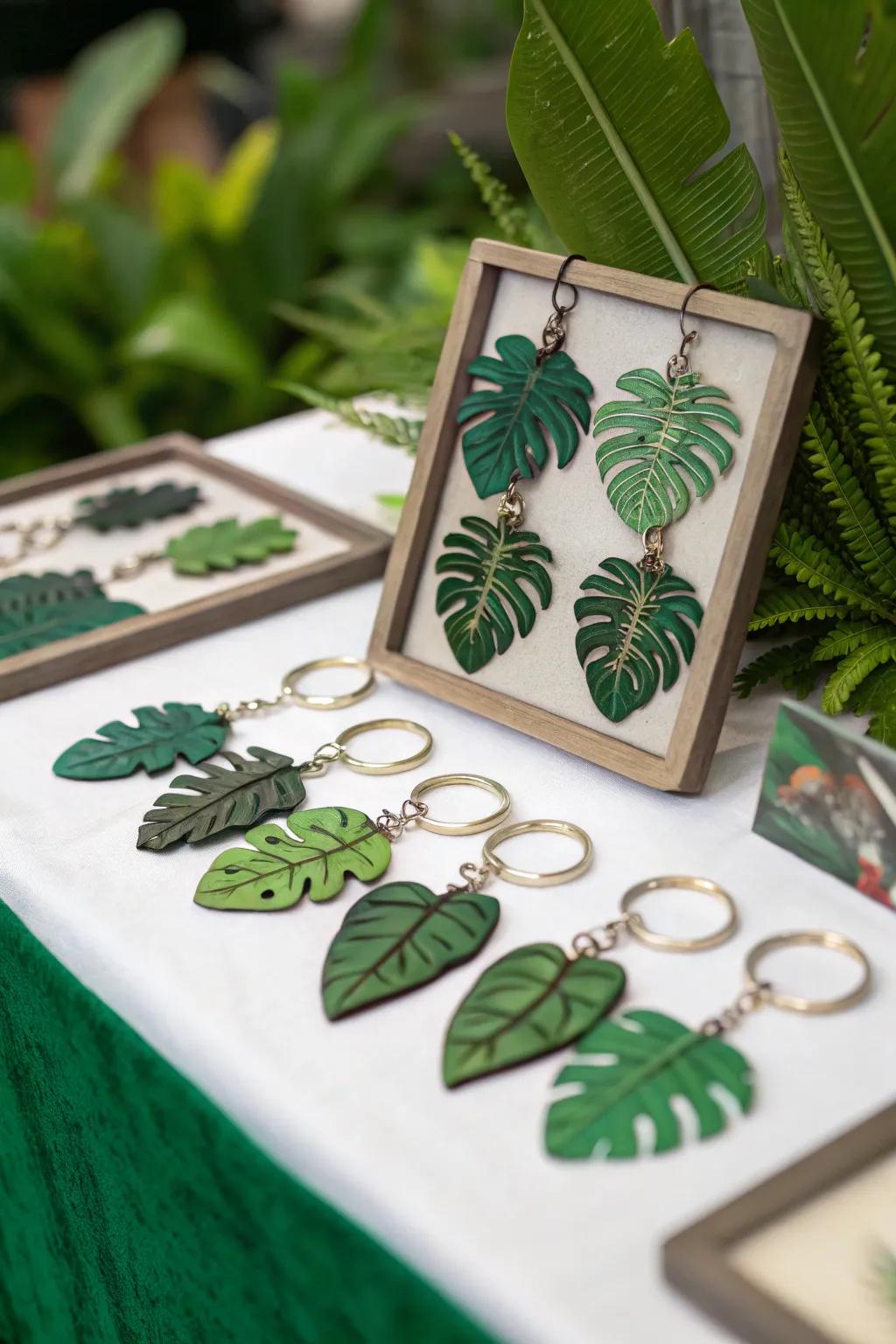 Leafy key charms are stylish and functional party favors.