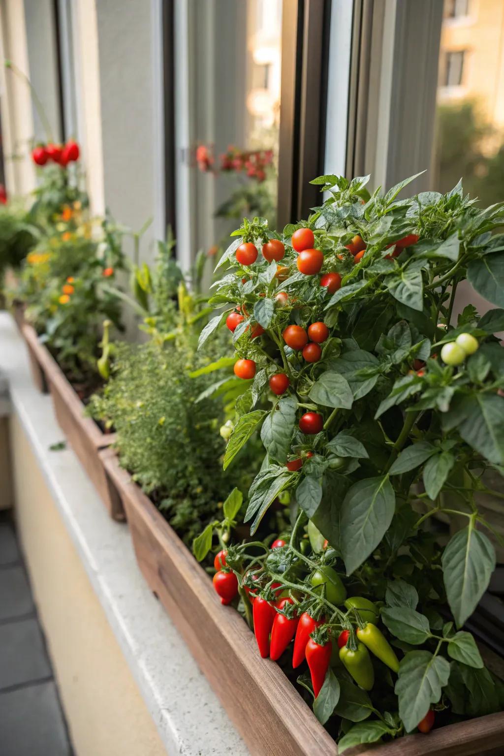 A delightful window box bursting with cherry tomatoes and peppers