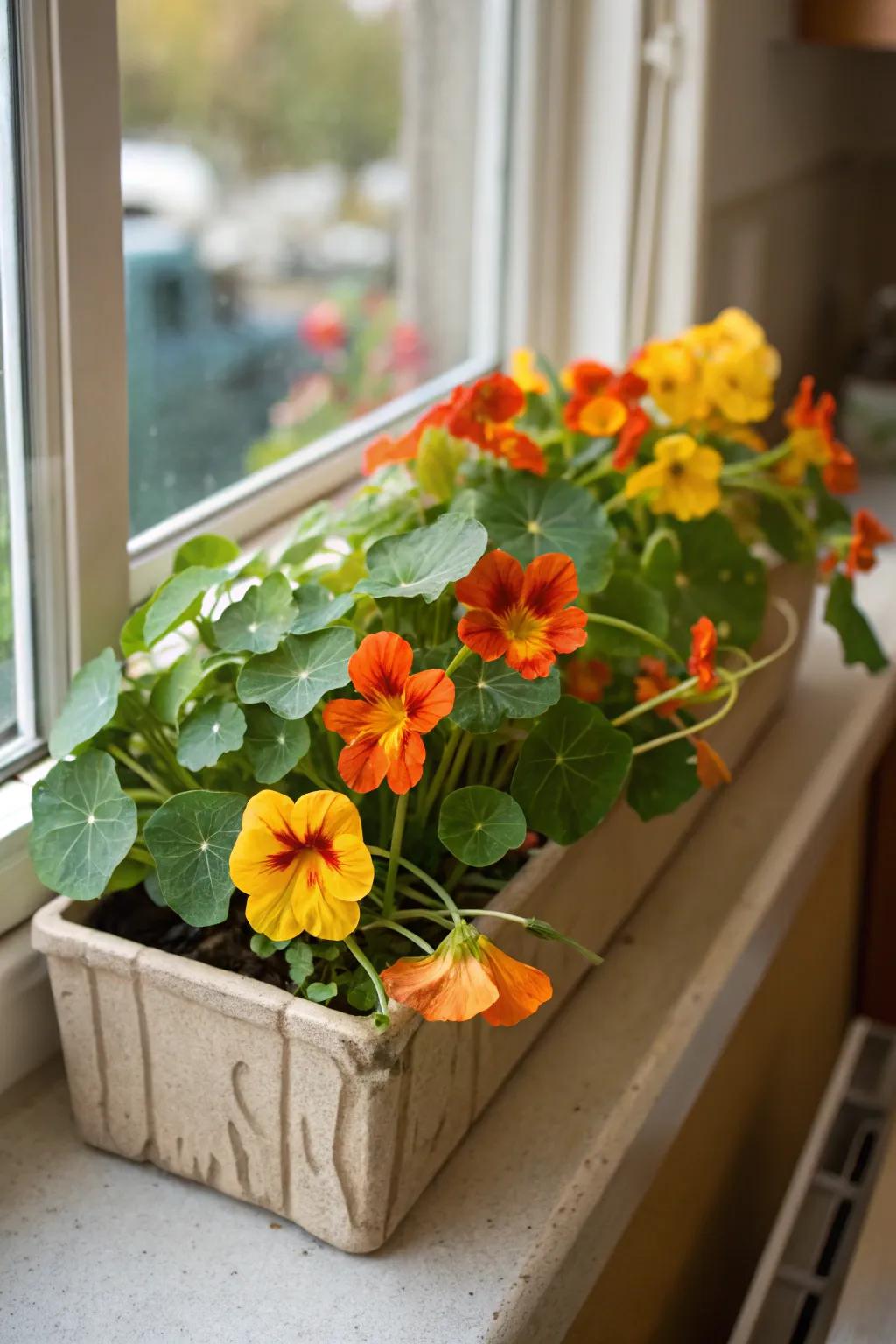 Edible garden nasturtiums adding both hue and utility.
