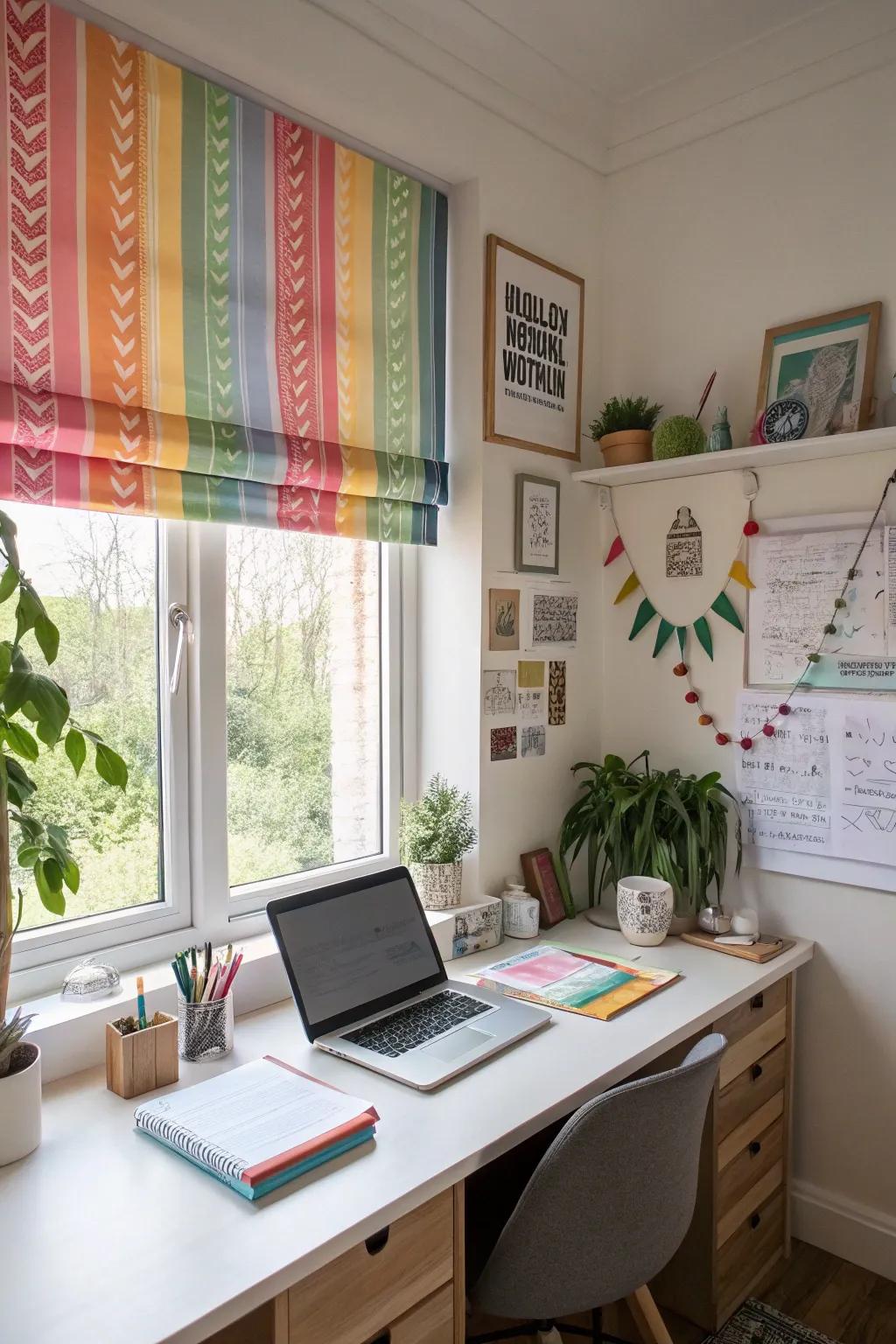 Colorful roller shades inject a vibrant touch to your office.