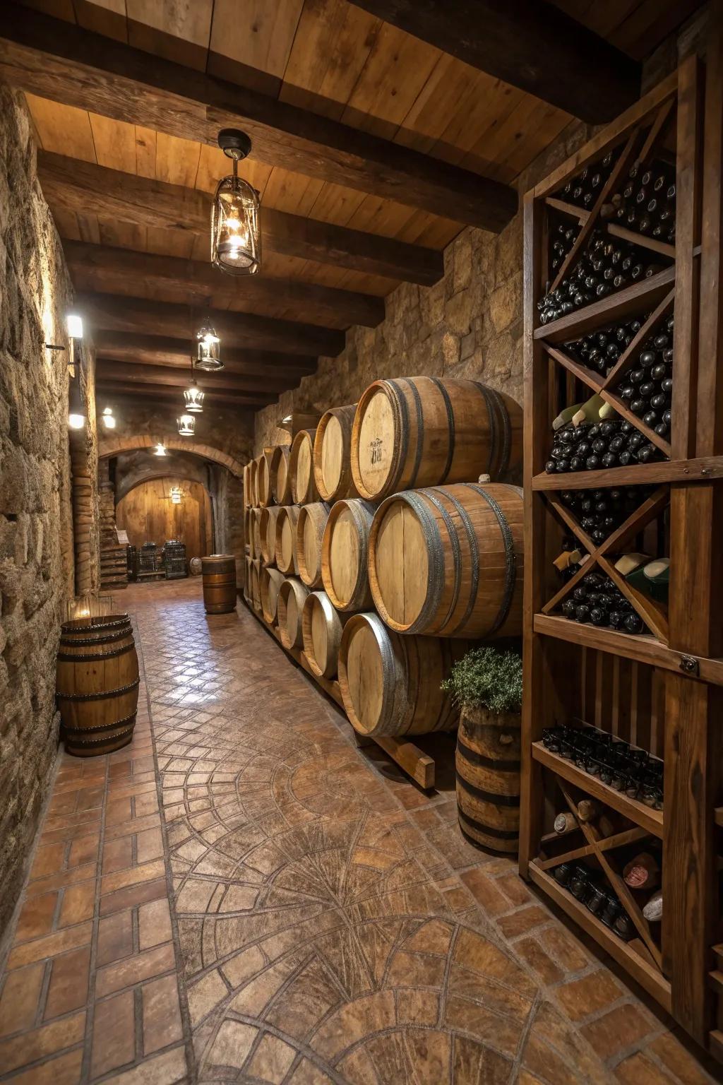 Wine cellar with distinctive wine cask flooring.