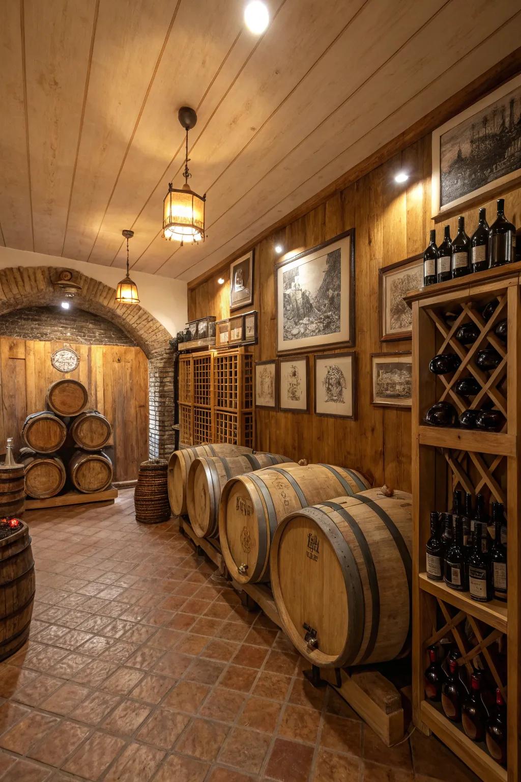 Country cask elements united with warm lighting for a vintage aesthetic.