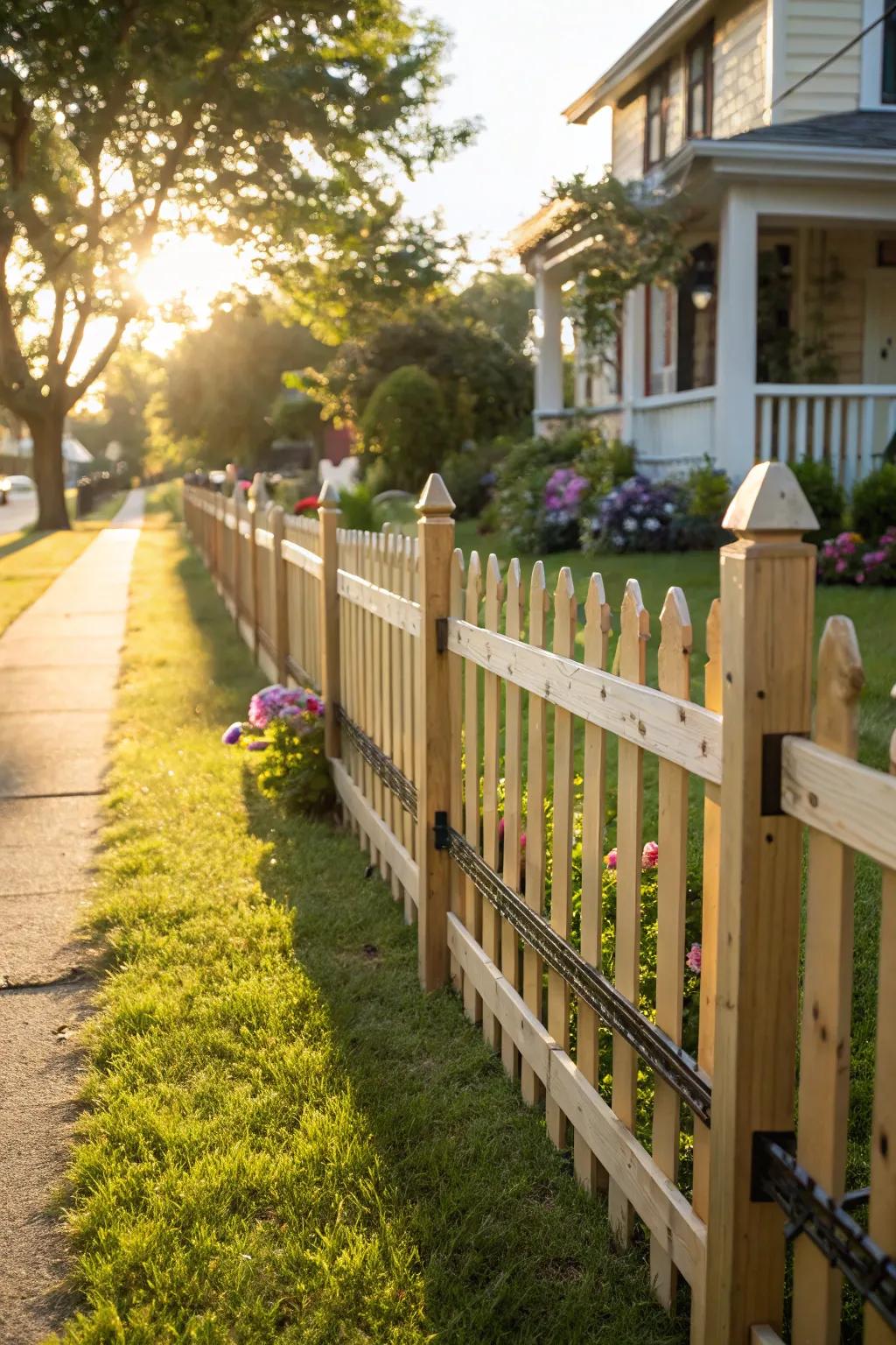 A captivating open picket fence showcasing lumber and steel details.