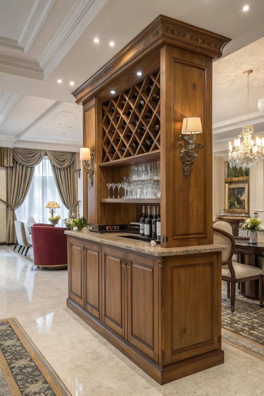 A wooden bar with a built-in wine rack for elegant entertaining.