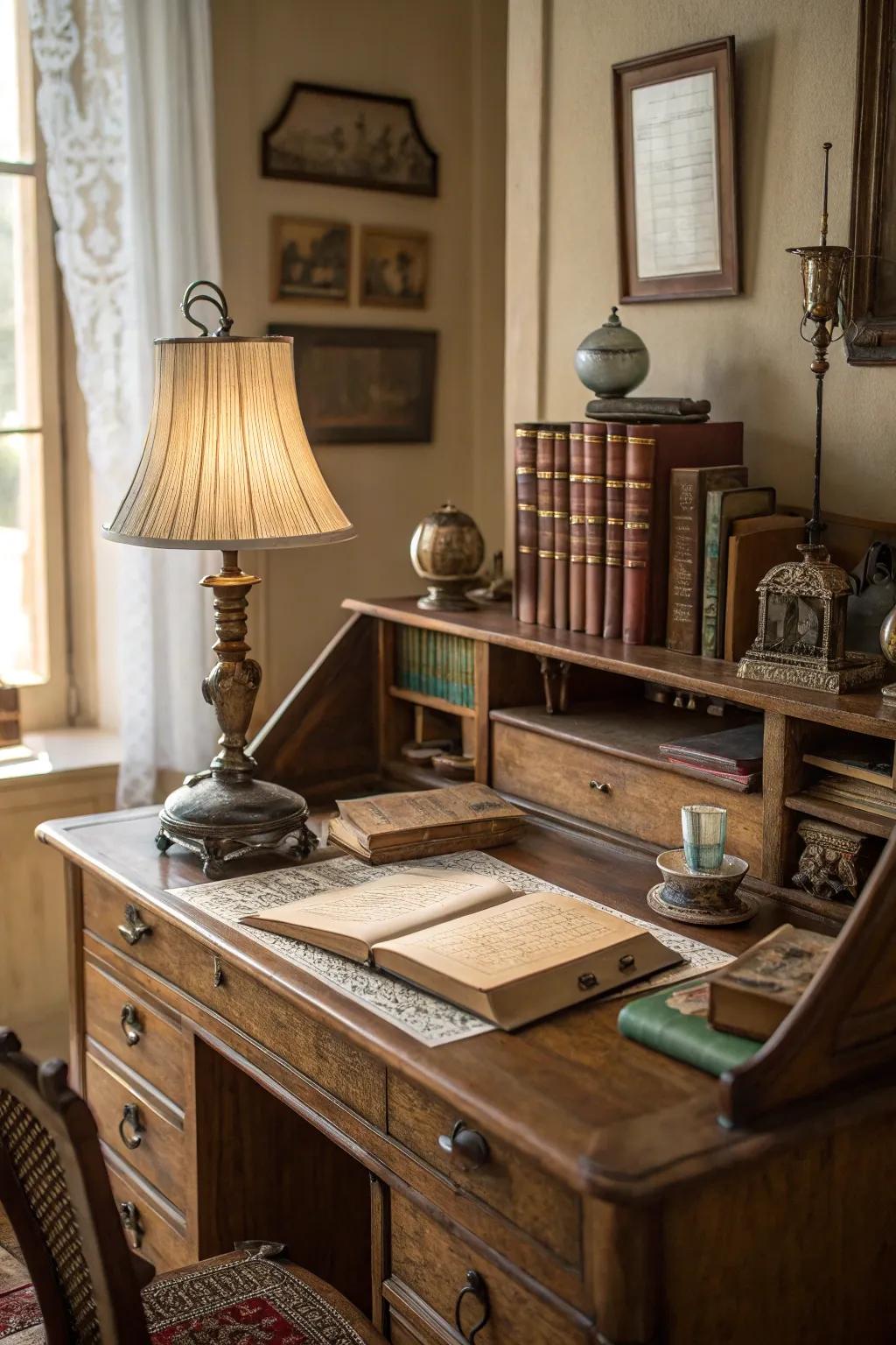Charming vintage wood desk in an inspiring home office