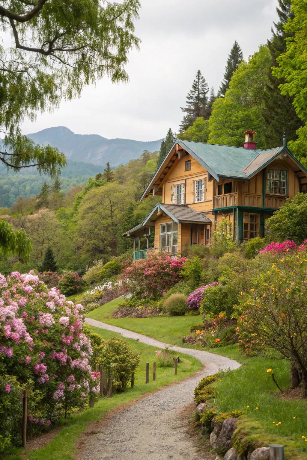 A wood home featuring a palette that harmonizes with its landscaped garden.