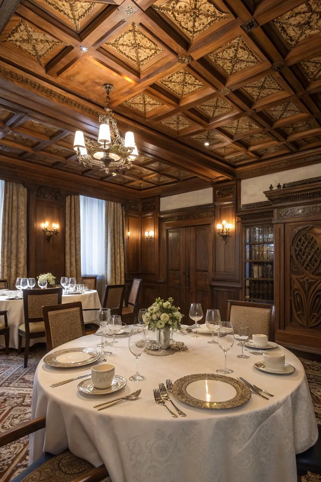 A dining room with a stunning wood design ceiling that adds height and elegance.