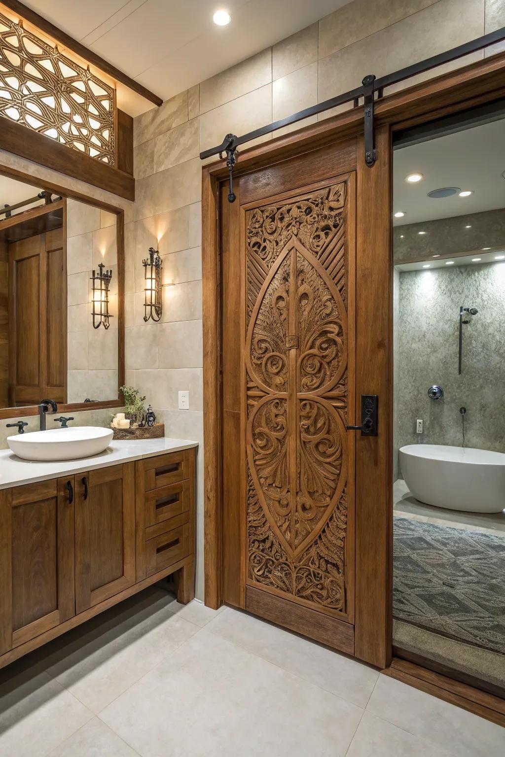 Carved timber motifs reshape shower entrances into artistic statements.