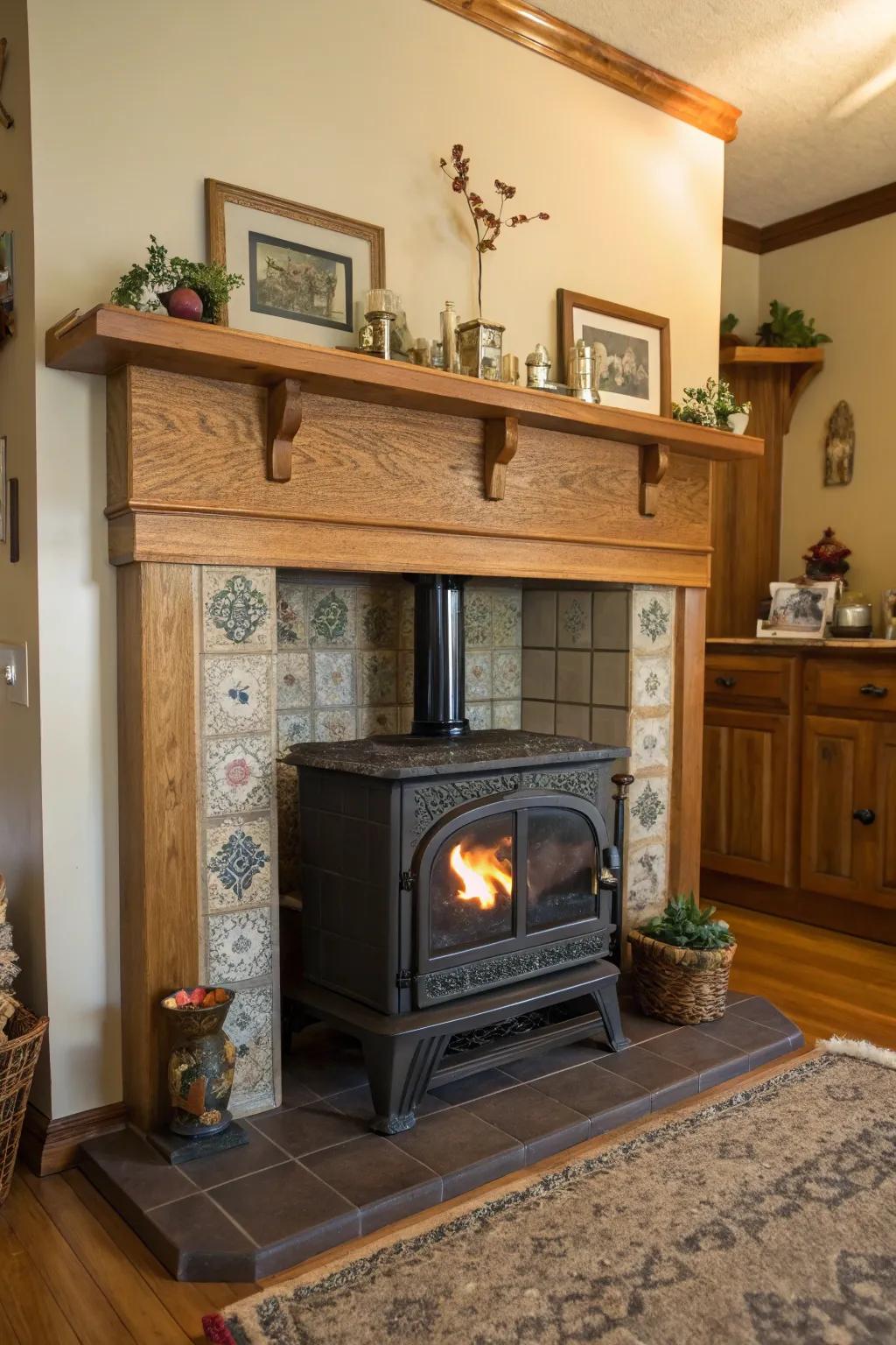 A mantle imparts decorative charm to your wood burner tile surround.
