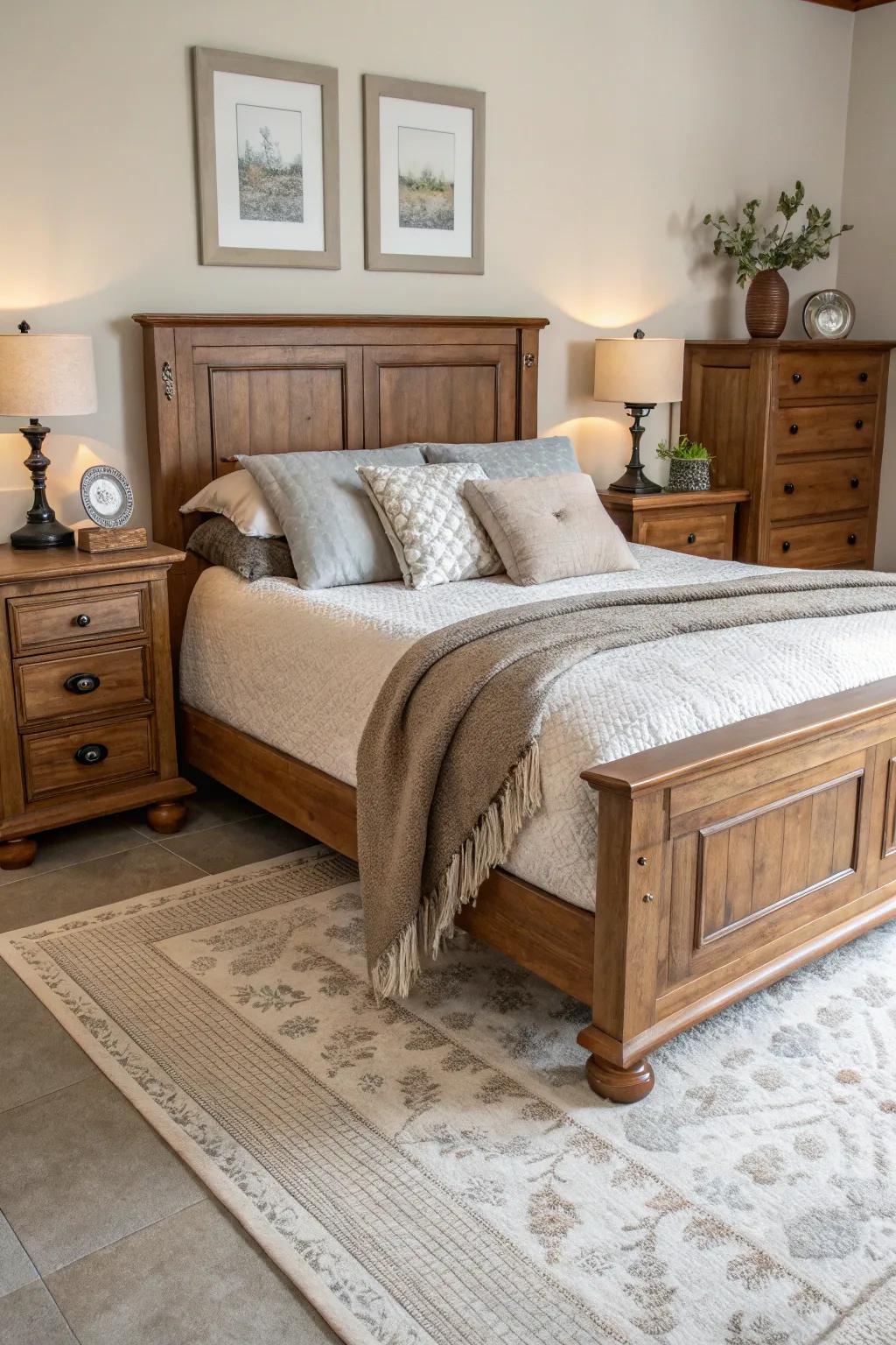 Coordinating decor enriches the appeal of this wooden bed arrangement.