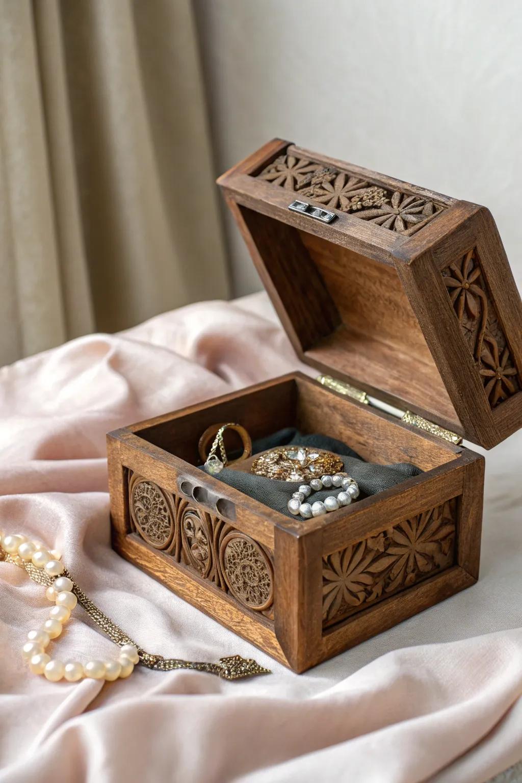 A timber jewelry chest that beautifully houses precious keepsakes.