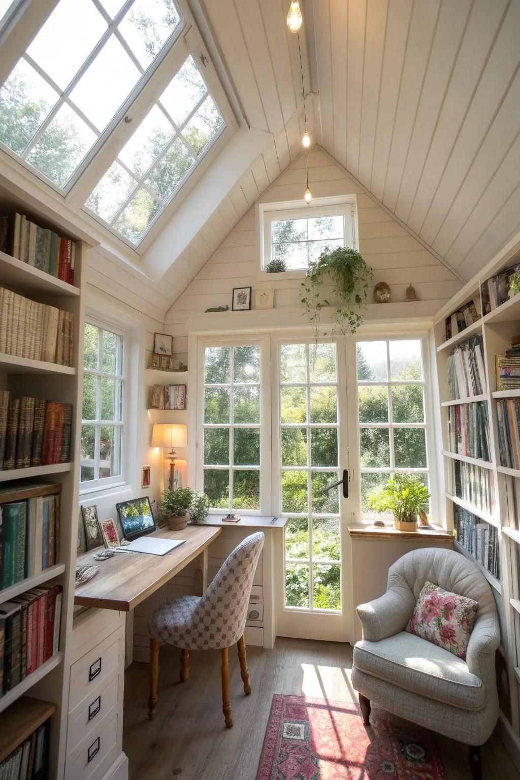 A vibrant, light-filled writing shed ideal for igniting creativity.