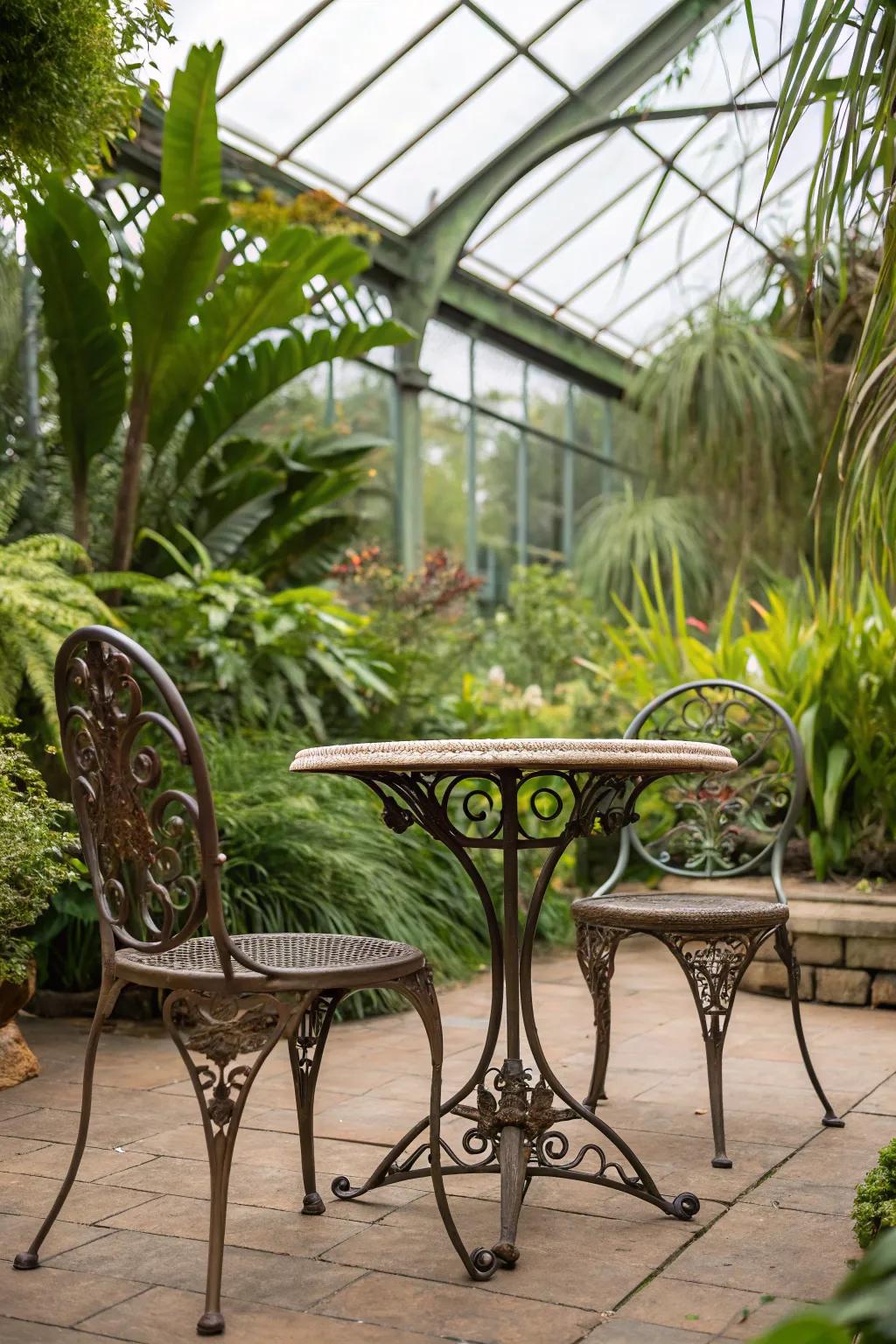 Wrought iron furniture coupled with glasshouse flora engenders an exotic escape.