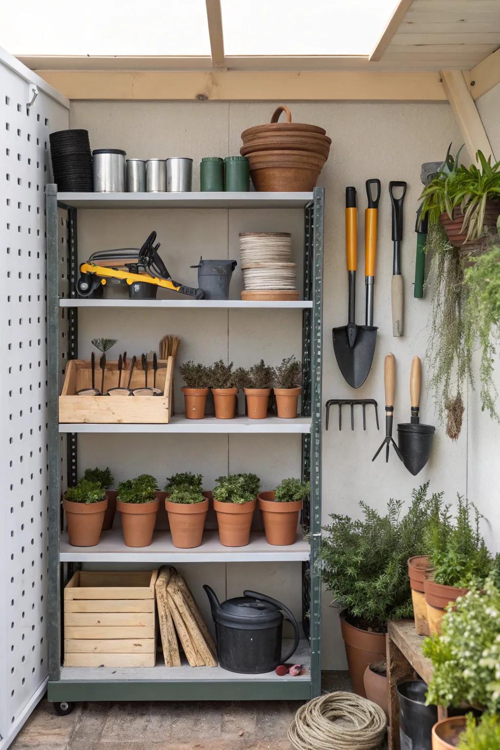 With shelving units, small gardening necessities are well-organized.