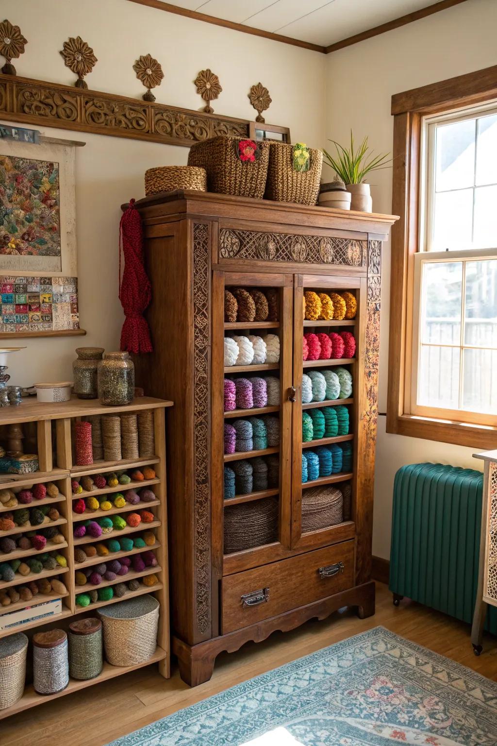 A classic cabinet adds personality and ample storage for yarn.