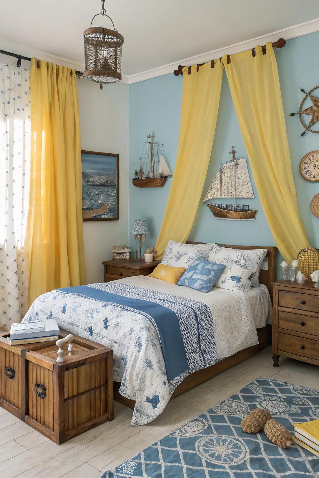 Gold drapes paired with nautical decor create a coastal vibe in the bedroom.