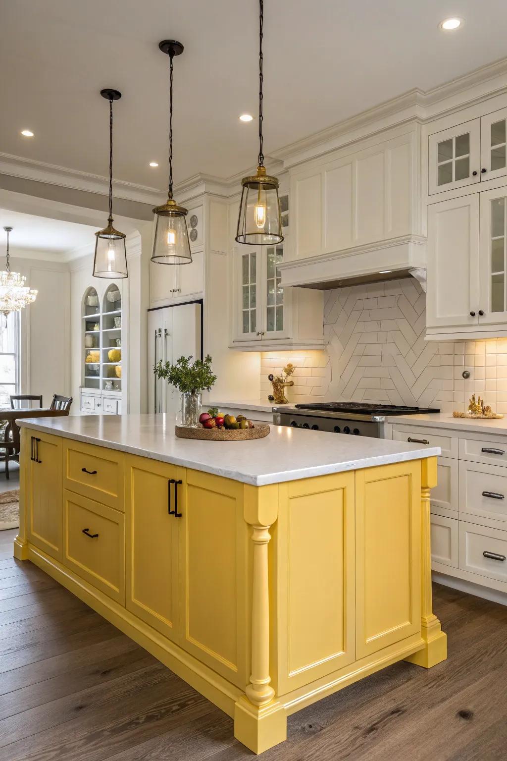 A sunny gold center island becomes the highlight of this kitchen.