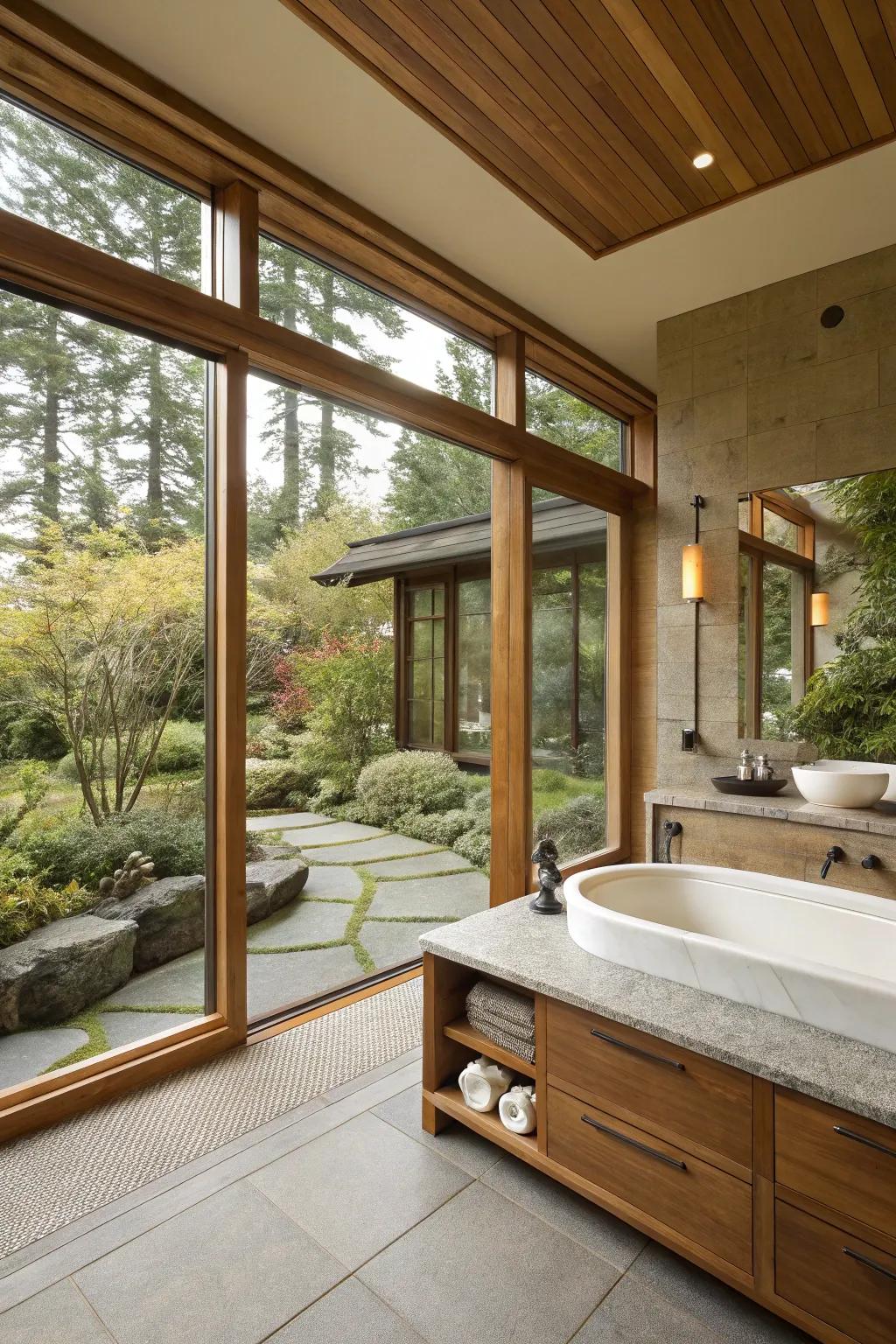 Open areas and big windows bring a feeling of freedom to a zen bathroom.