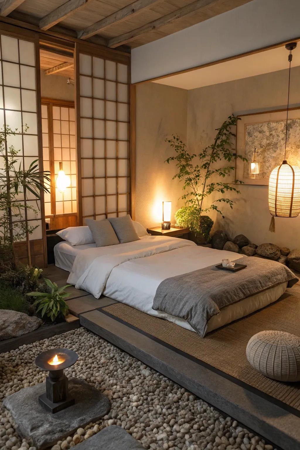 Warm lighting envelops the room in a relaxing glow.