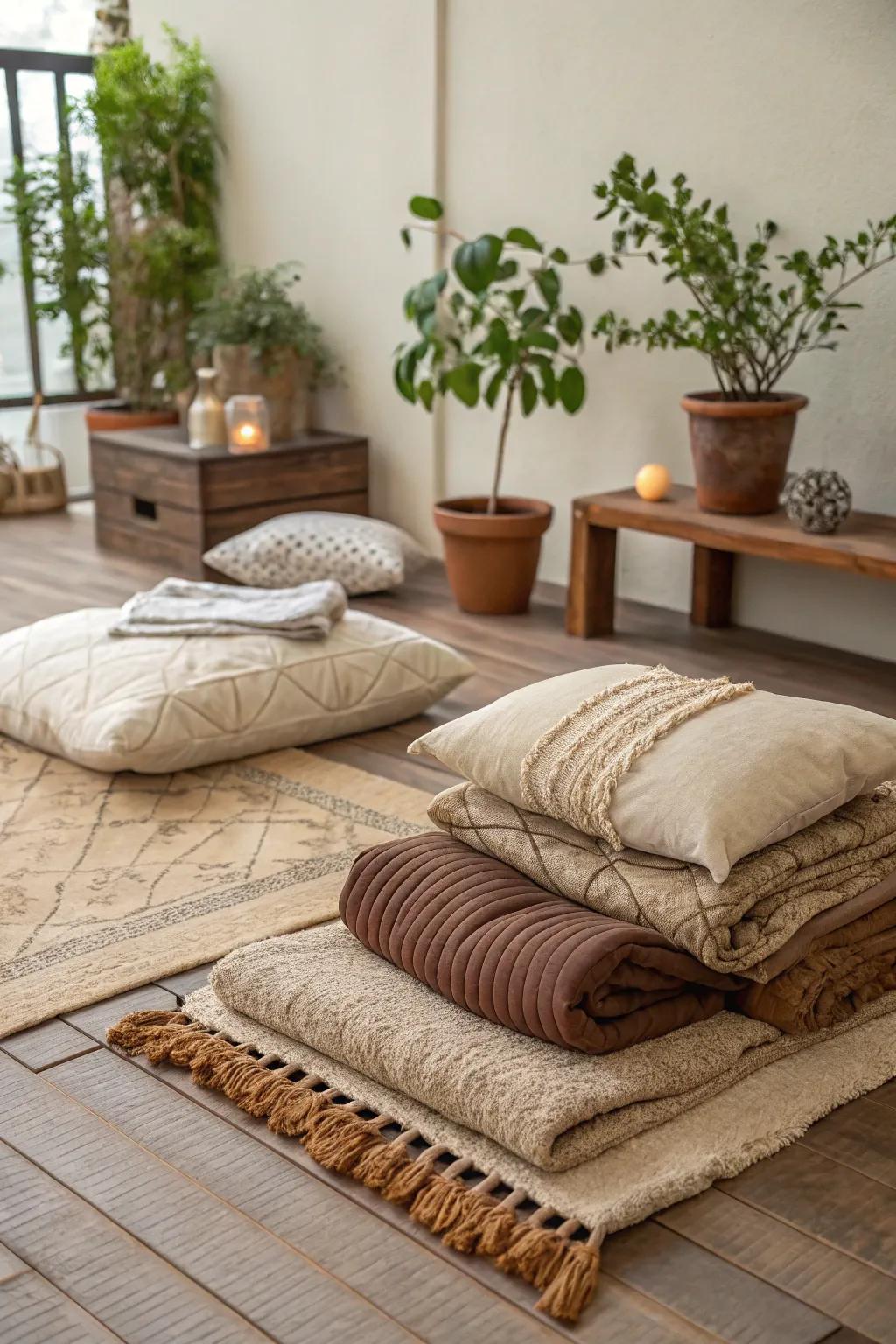 Delicate textiles impart warmth and dimension to the area.