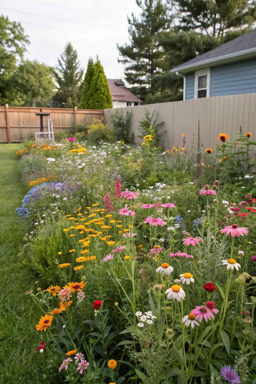 A vibrant wild bloom meadow drawing butterflies and bees.