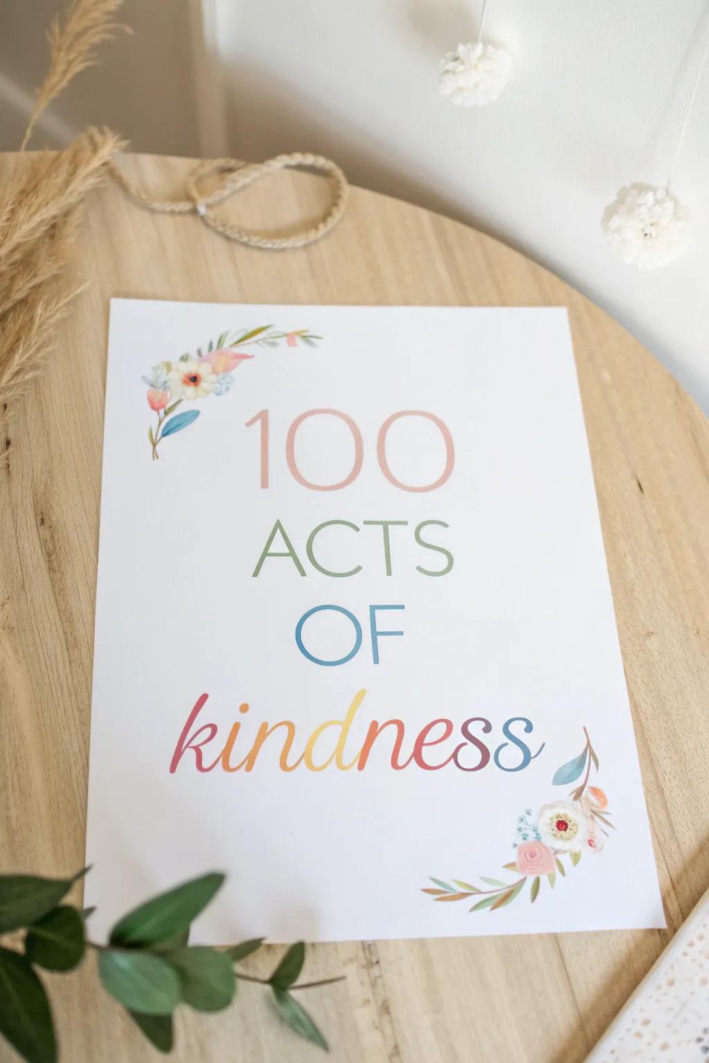 Celebrate kindness with a minimalist touch: 100 acts, endless inspiration.