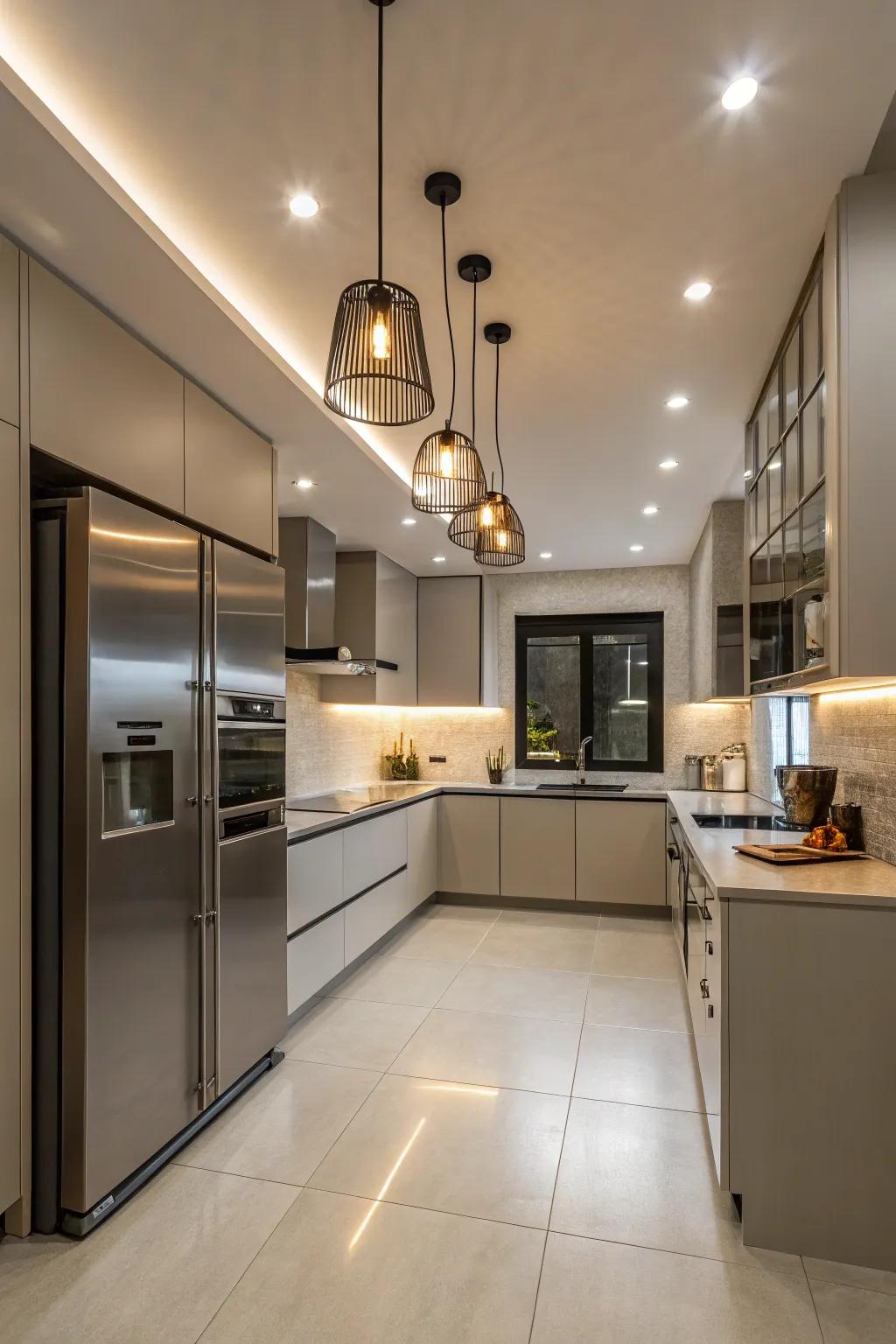 Segmented illumination distinguishes and enhances different kitchen zones.